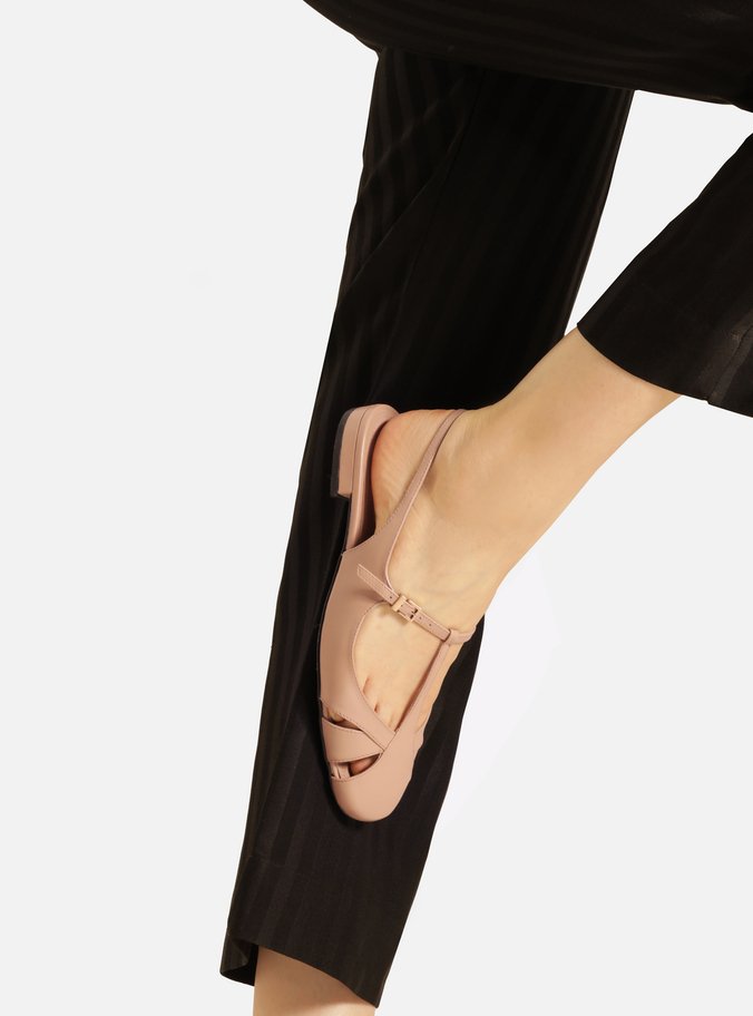 Sapatilha Boneca Bege Couro Slingback Recortes