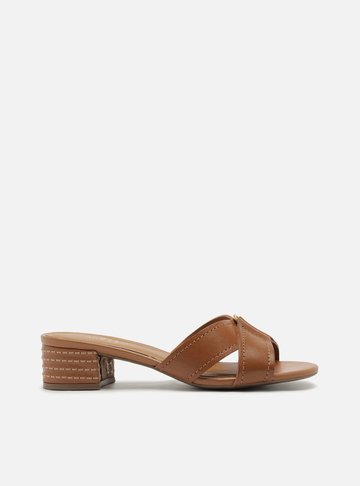 Sandália Marrom Couro Salto Bloco Tira Dupla Costura