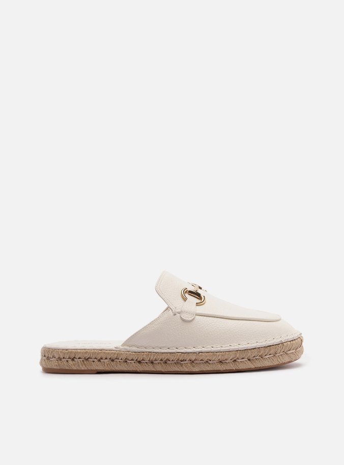 Mule Branca Couro Espadrille Bridão Metálico
