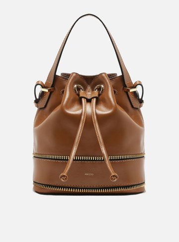 Bolsa Bucket Marrom Couro Média Zíper