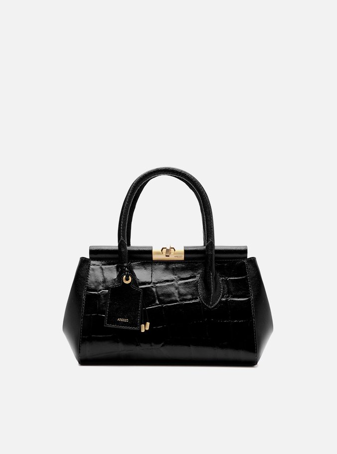 Bolsa Tote Preta Couro Maxi Croco Média