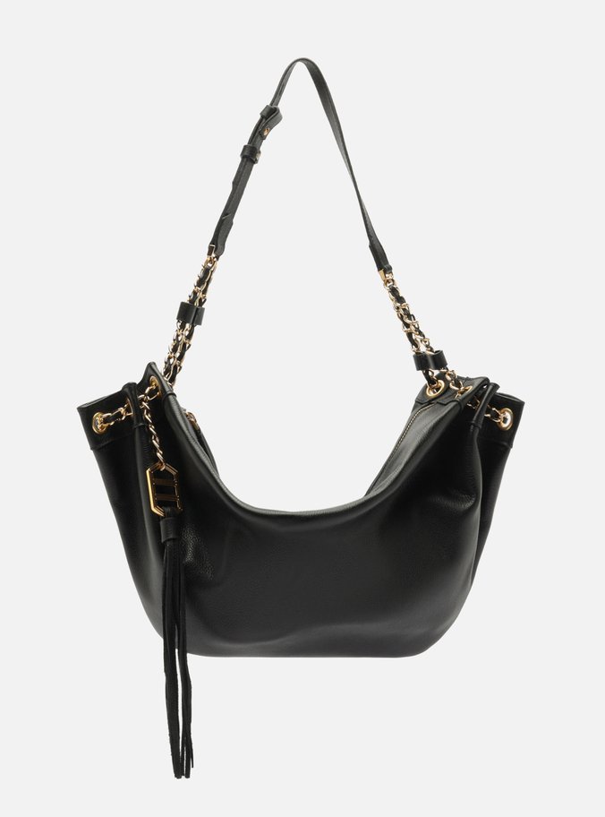 Bolsa Shoulder Preta Couro Grande Franzido