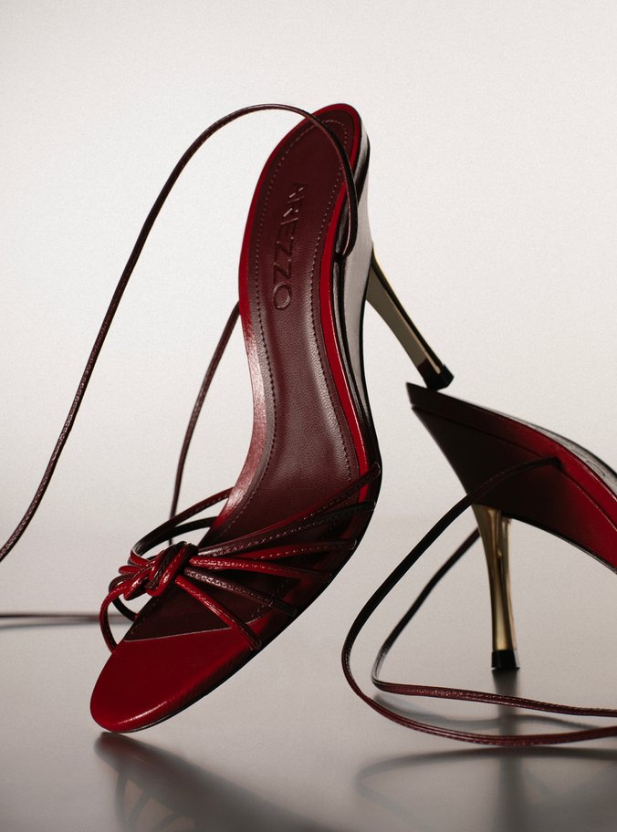 Sandália Vermelha Couro Salto Alto Fino Amarração