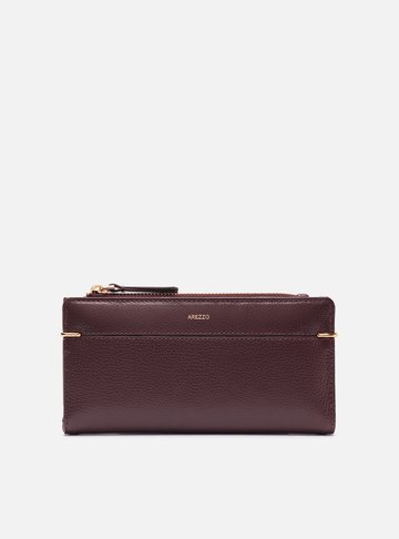 Carteira Bordô Couro Grande Zíper Metais