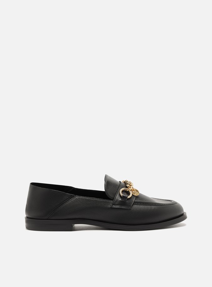 Mocassim Preto Couro Corrente Pingente