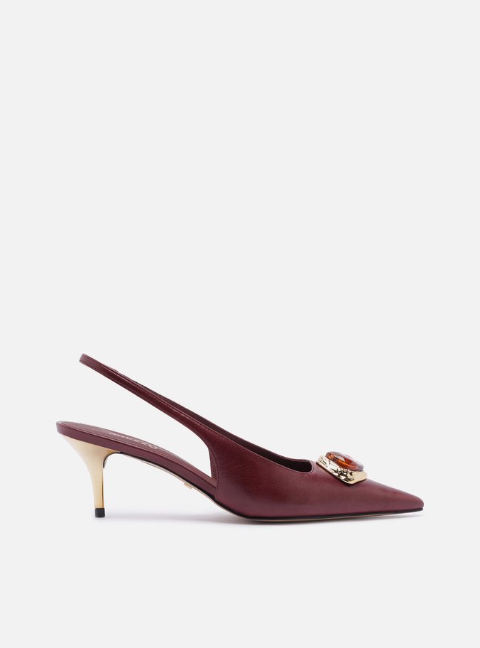 Scarpin Vinho Couro Salto Baixo Slingback Pedraria