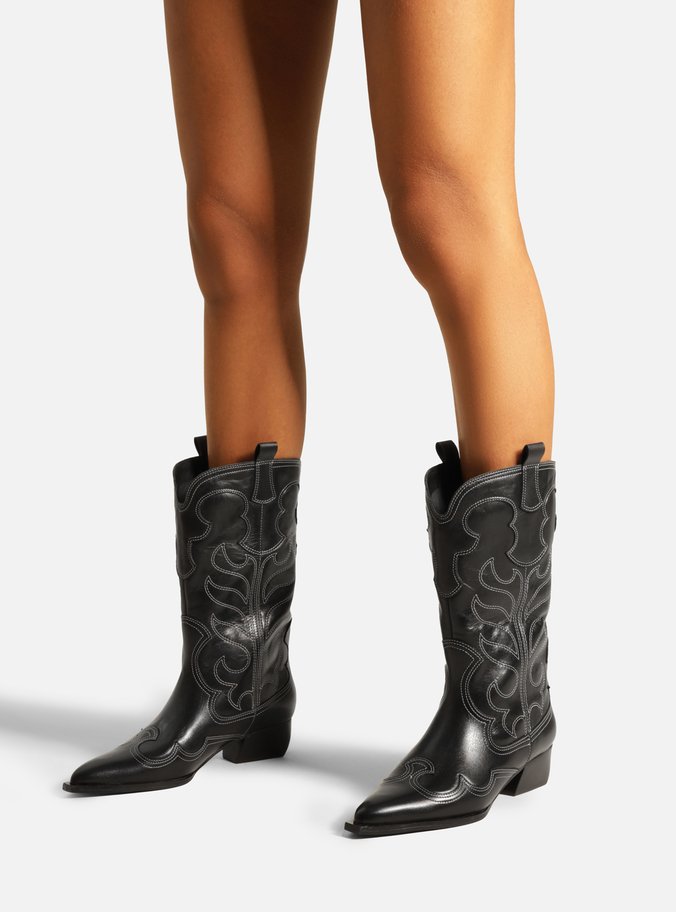 Bota Preta Couro Cano Médio Western Folk