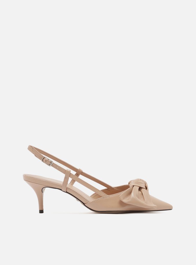 Scarpin Nude Couro Salto Fino Maxi Laço Slingback