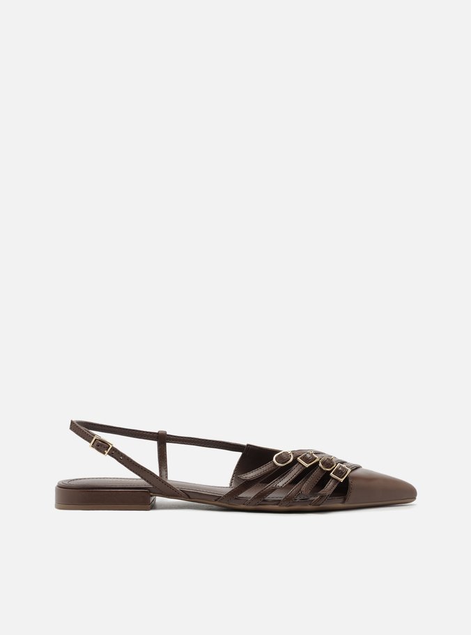 Sapatilha Marrom Couro Slingback Tiras Fivelas