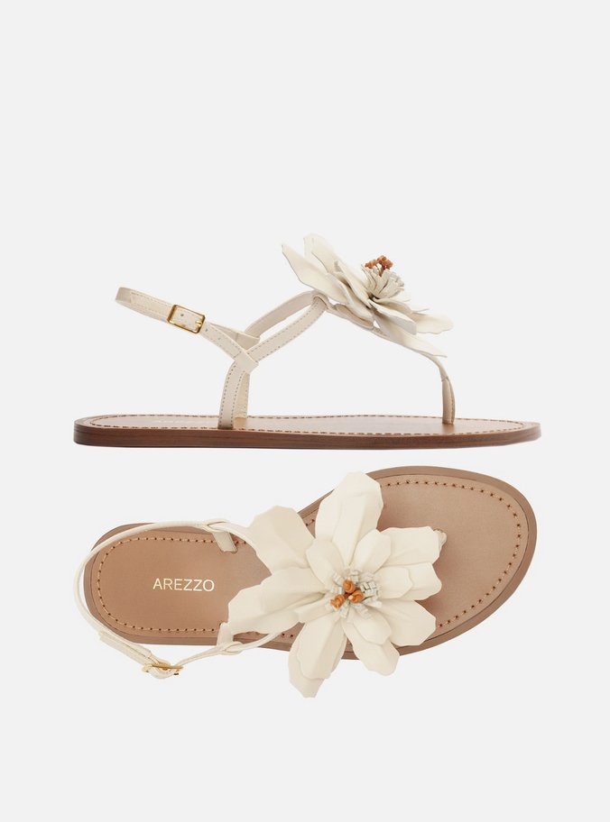 Sandália Rasteira Branca Couro Slim Flor
