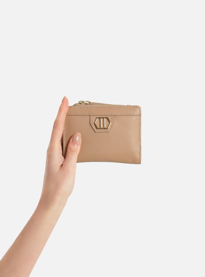 Carteira Bege Couro Pequena Zíper Metal