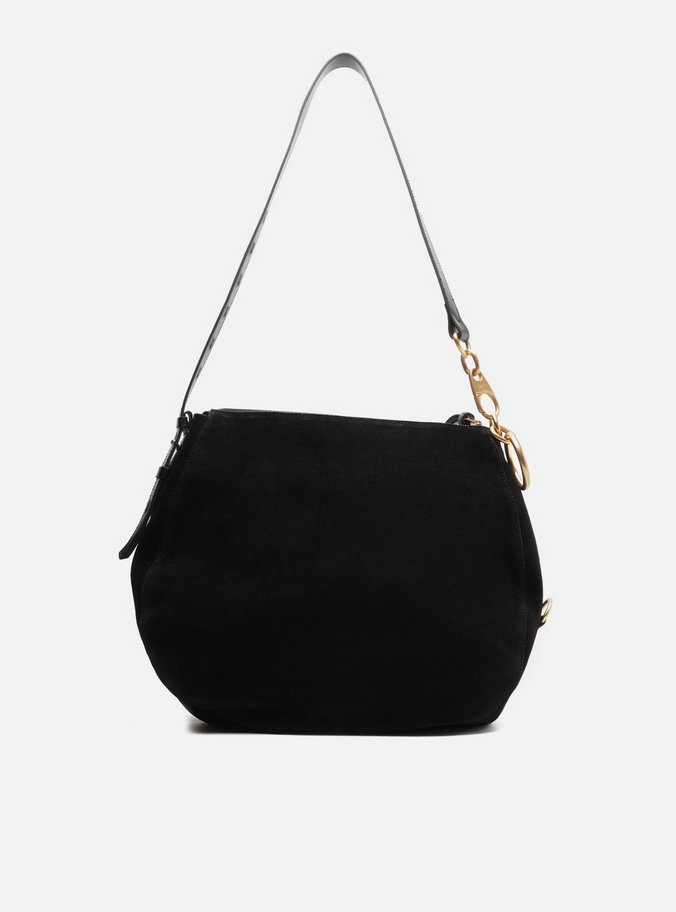 Bolsa Tiracolo Preta Couro Acamurçado Grande Tachas