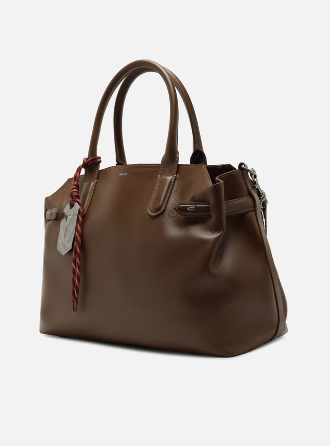 Bolsa Tote Marrom Couro Grande Bag Charm Metal