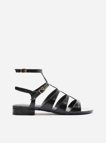 Sandália Rasteira Preta Couro Multitiras