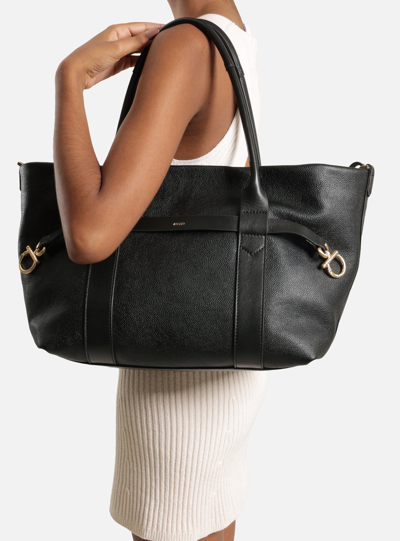 Bolsa Tote Preta Couro Grande Metais — foto 7