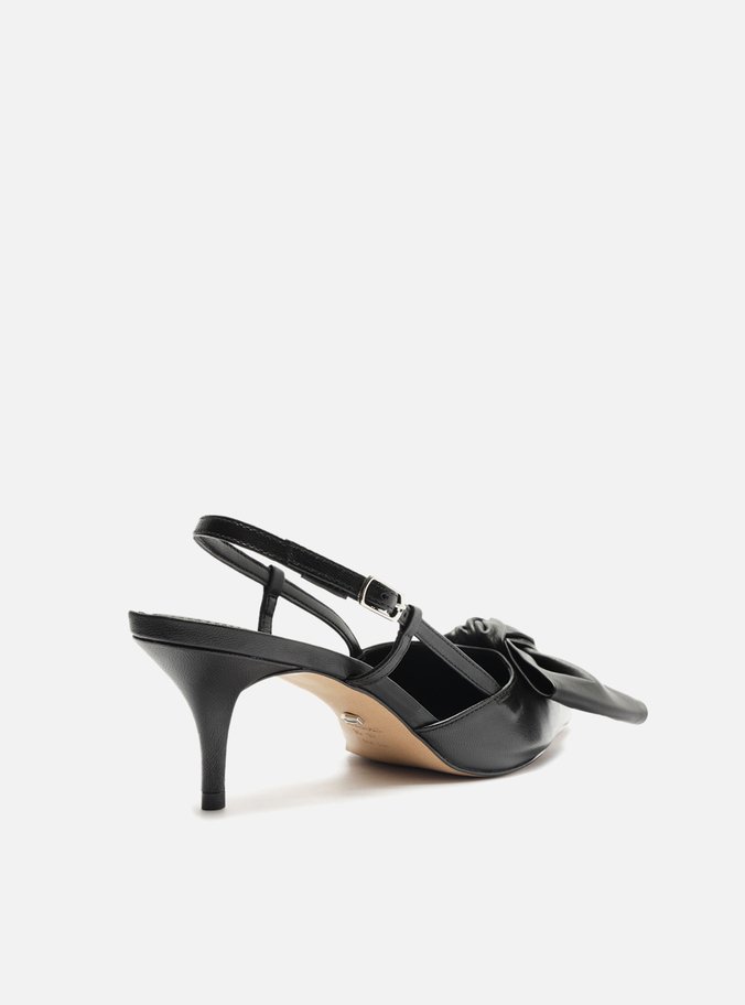 Scarpin Preto Couro Salto Fino Maxi Laço Slingback
