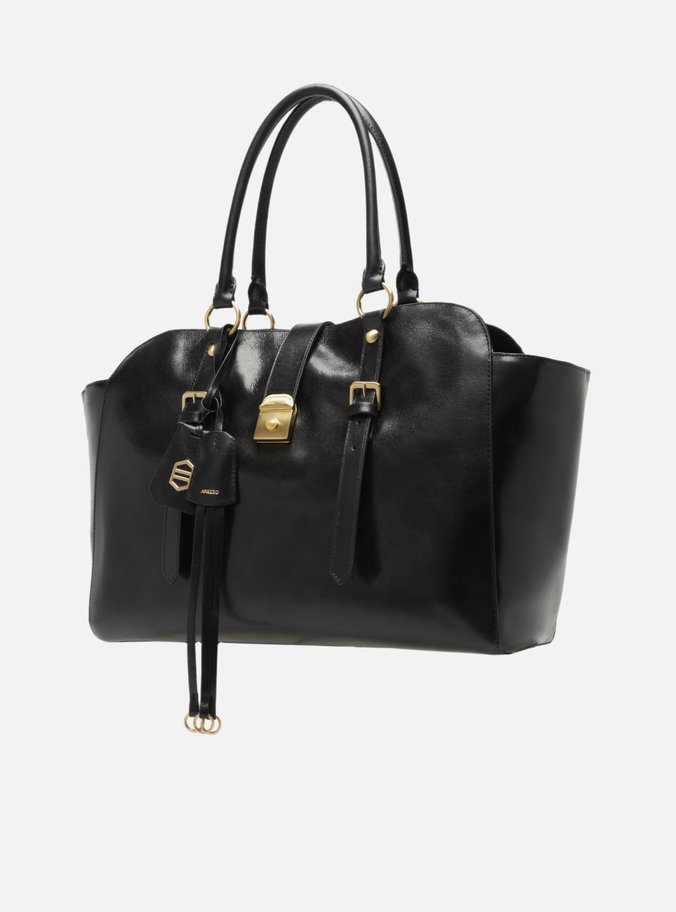 Bolsa Tote Preta Couro Estonado Grande Metal