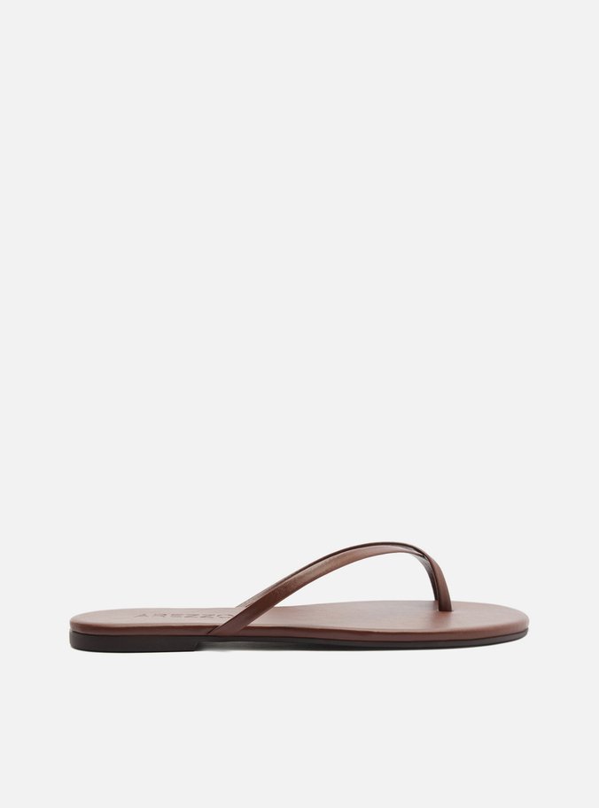 Sandália Rasteira Marrom Bico Redondo Tiras