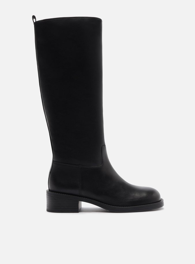 Bota Preta Couro Cano Longo Salto Bloco