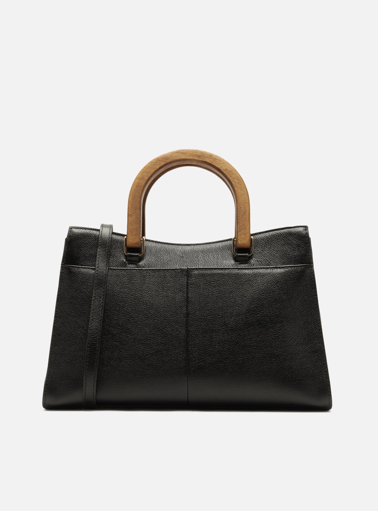 Bolsa Tote Preta Couro Média Alça Madeira — foto 3