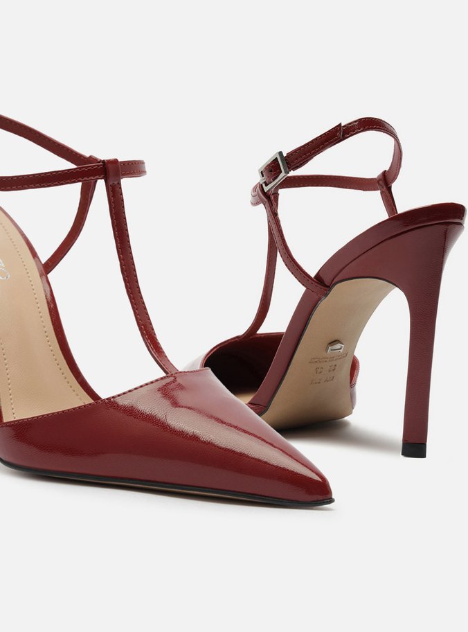 Scarpin Vermelho Verniz Salto Alto Aberto Tiras