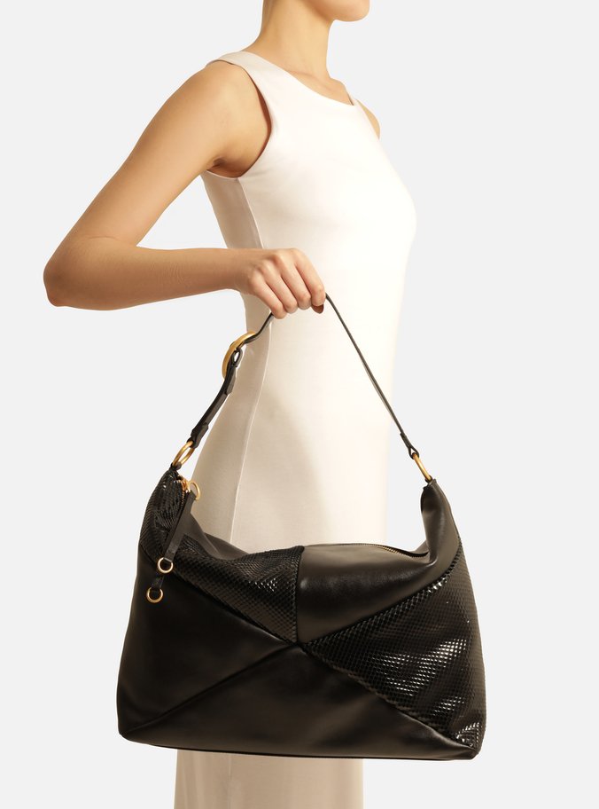Bolsa Hobo Preta Couro Grande Texturizada
