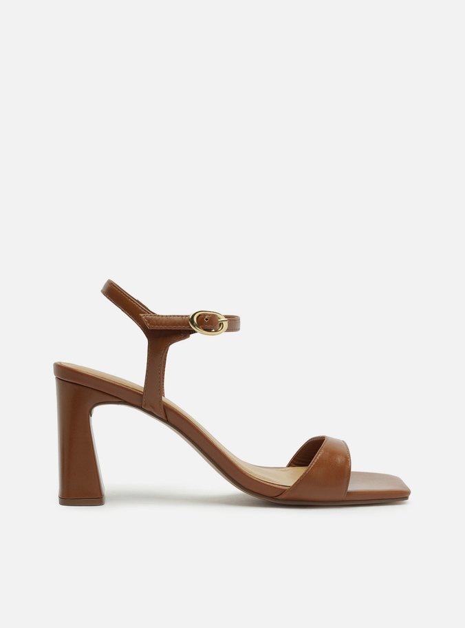 Sandália Marrom Couro Salto Médio Flare