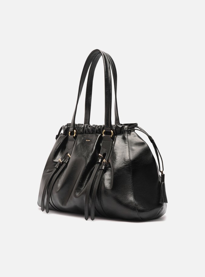 Bolsa Shopping Preta Couro Grande Fivelas