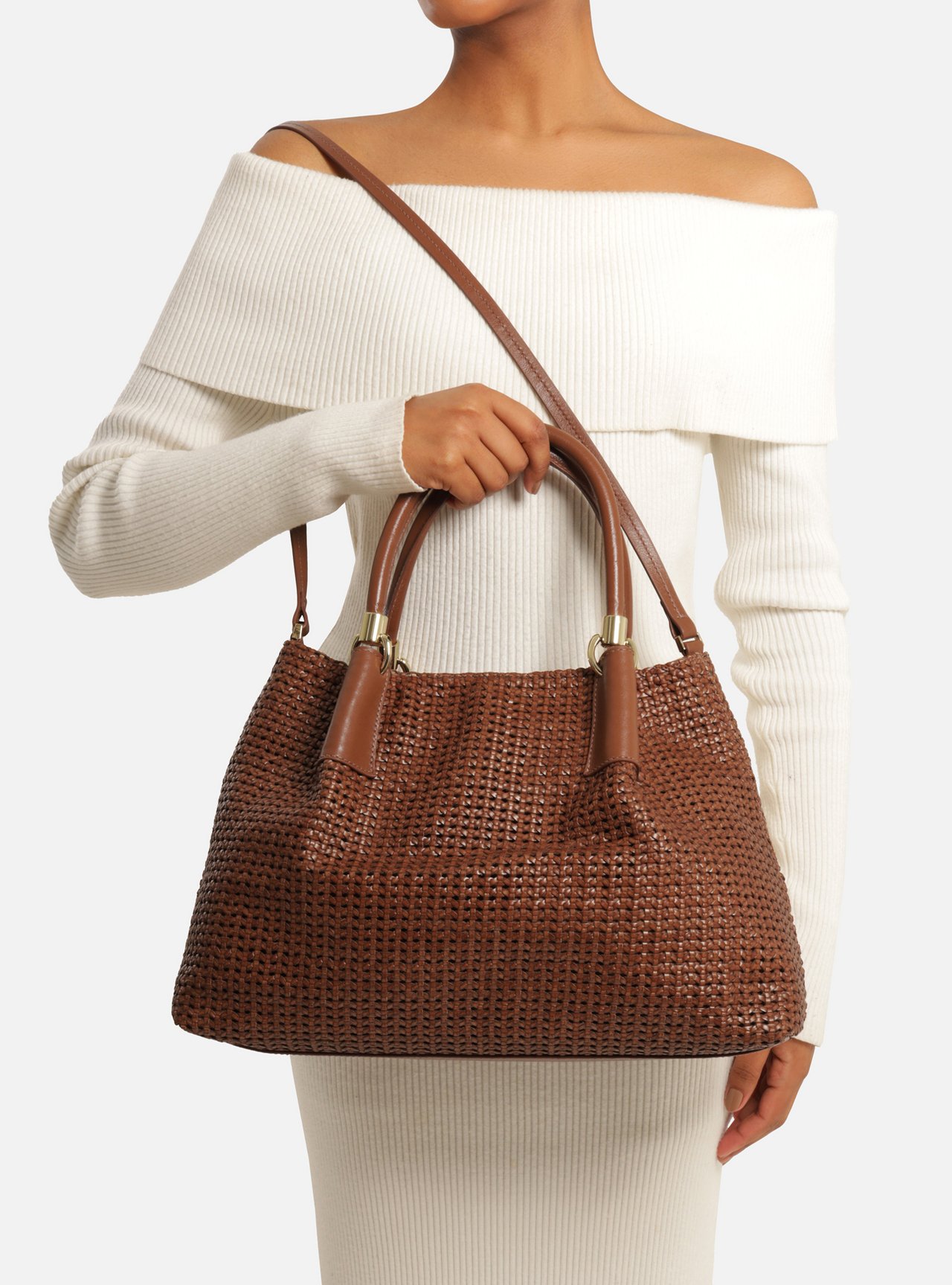 Bolsa Tote Marrom Couro Tramada Grande — foto 6