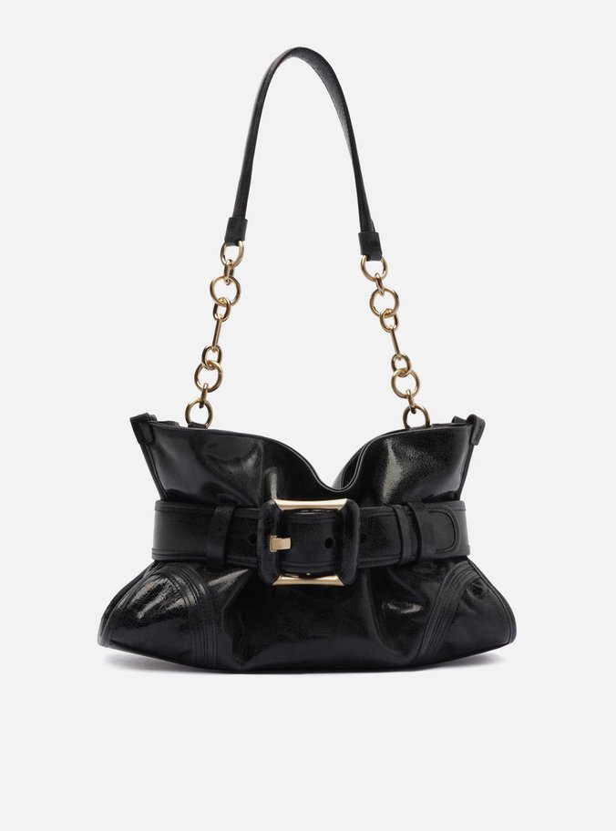Bolsa Shoulder Preto Couro Grande Maxi Fivela