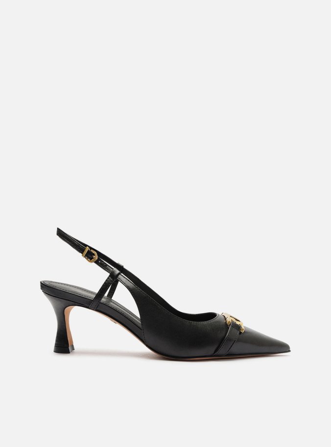 Scarpin Preto Couro Bico Fino Slingback Metal