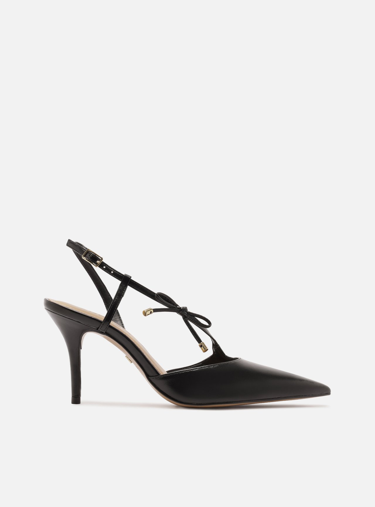 Scarpin Preto Couro Slingback Salto Fino Lacinho — foto 1