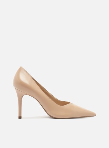 Scarpin Nude Couro Salto Médio Fino Detalhe