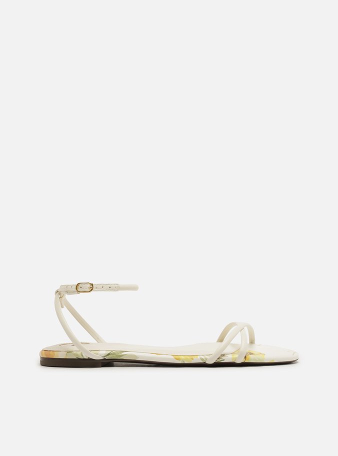 Sandália Rasteira Off White Bico Redondo Fivela