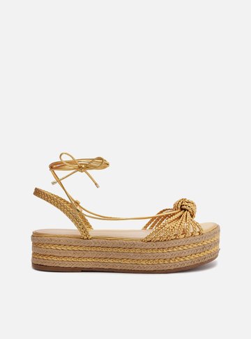Sandália Dourada Flatform Tiras Corda Mykonos