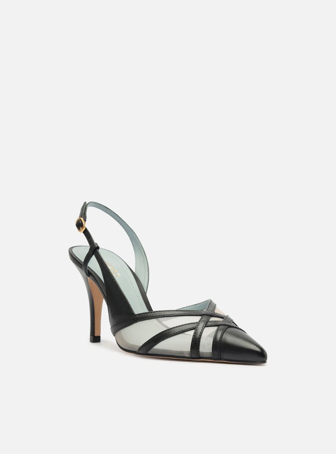 Scarpin Preto Couro Tela Salto Médio Fivela