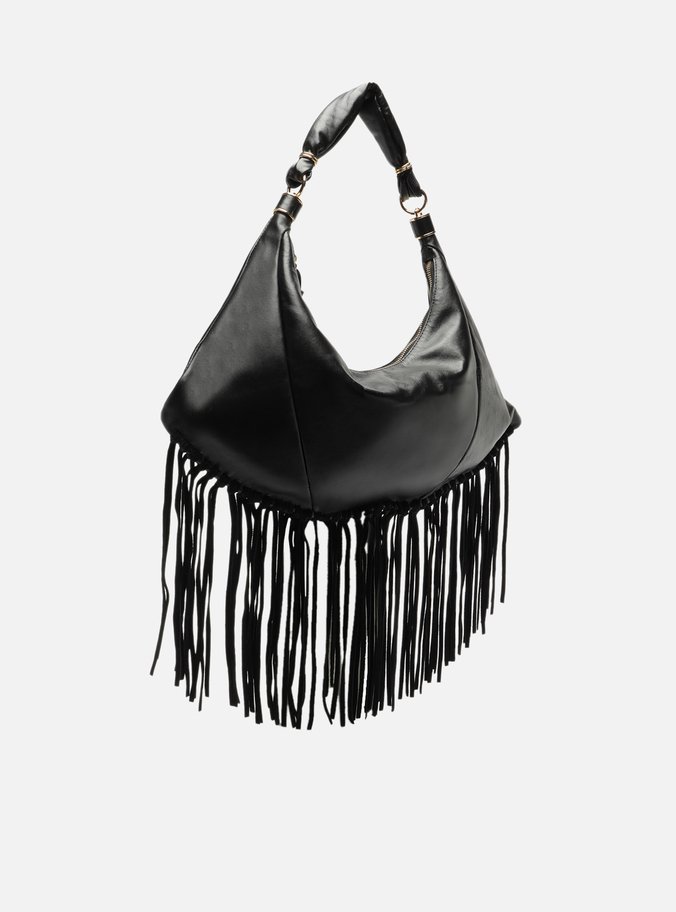 Bolsa Hobo Preta Couro Média Franjas