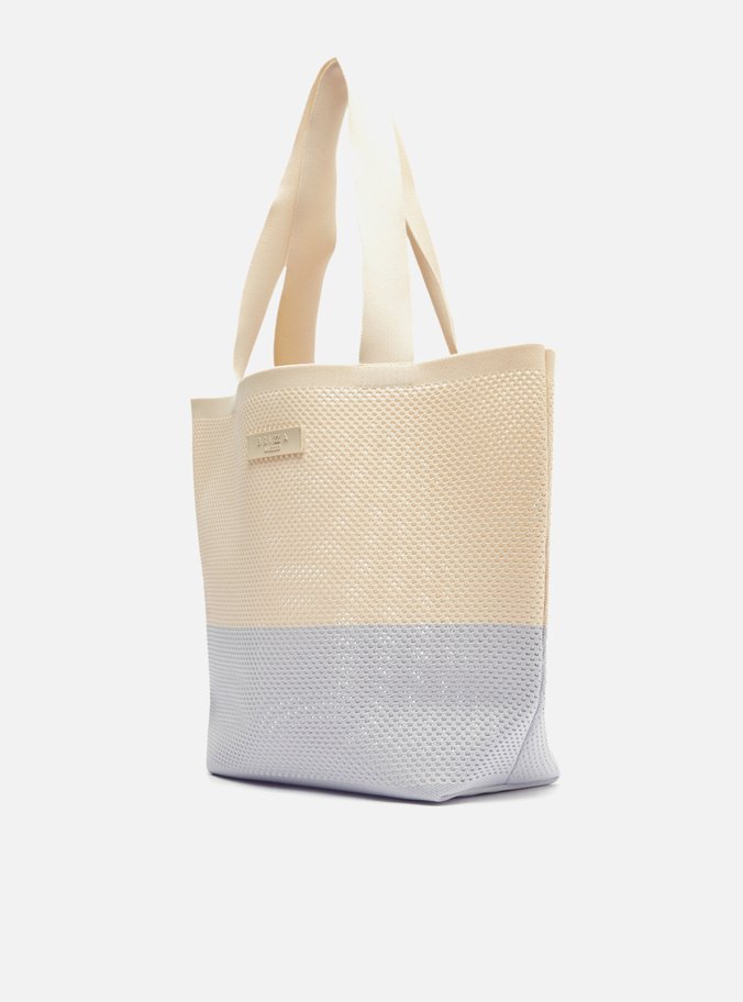 Bolsa Shopping Bege e Azul Grande Crochê