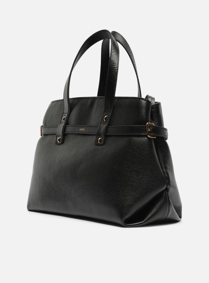 Bolsa Tote Preta Couro Grande Fivelas