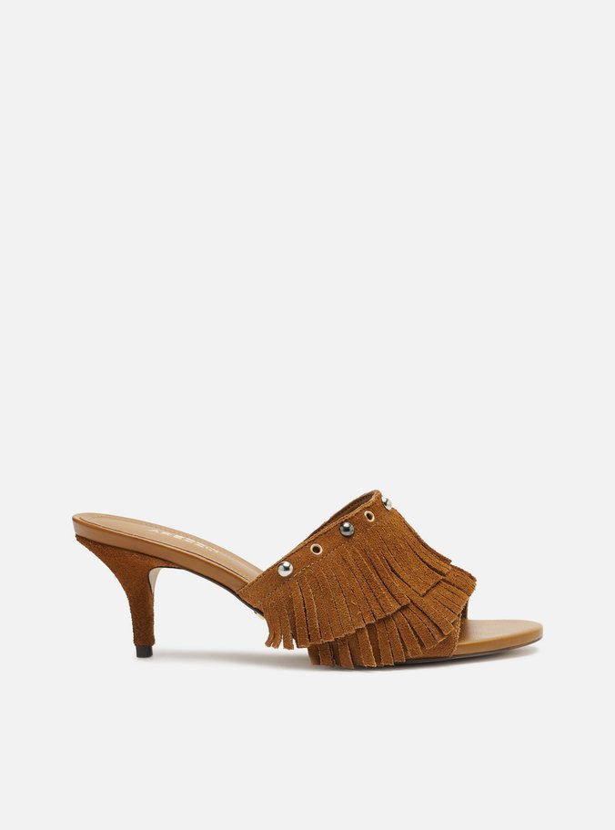 Mule Marrom Clara Camurça Salto Fino Franjas