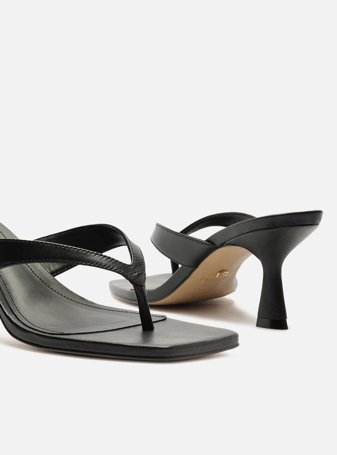 Tamanco Preta Couro Salto Fino Flip Flop