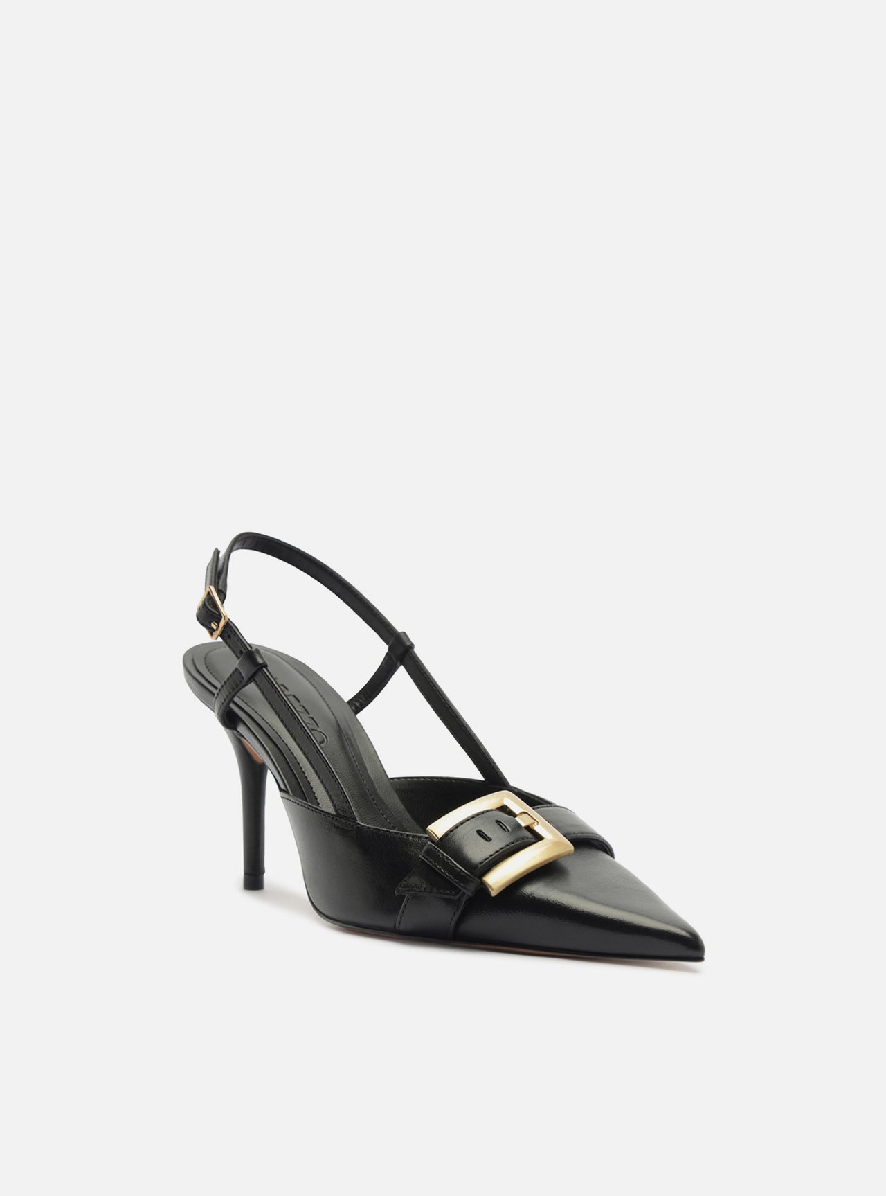 Scarpin Preto Couro Salto Fino Fivela Slingback — foto 2