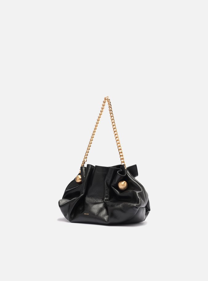 Clutch Preta Couro Pequena Pregas Corrente