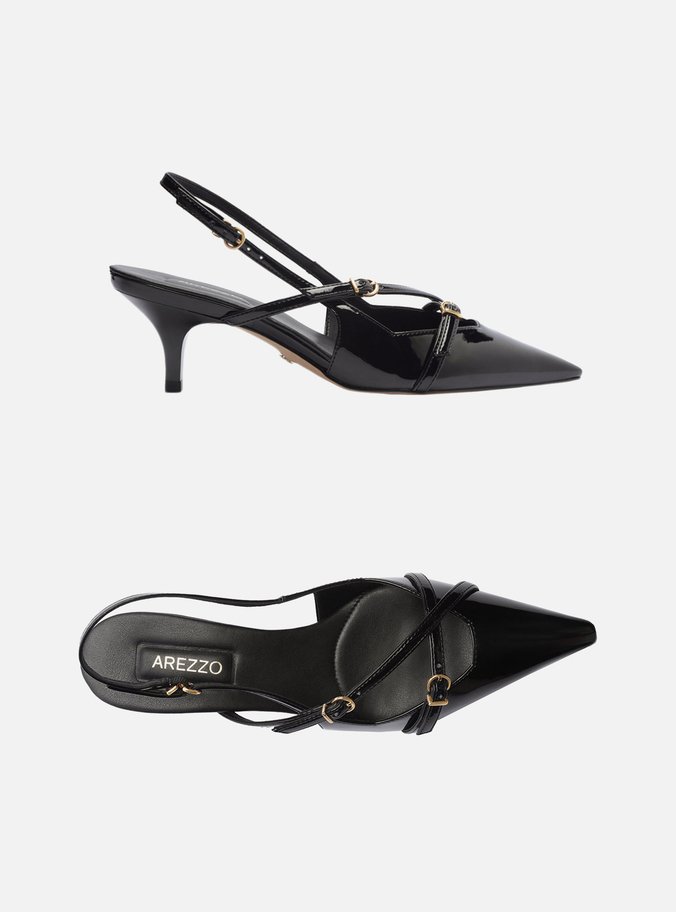 Scarpin Preto Verniz Salto Médio Slingback Amélia