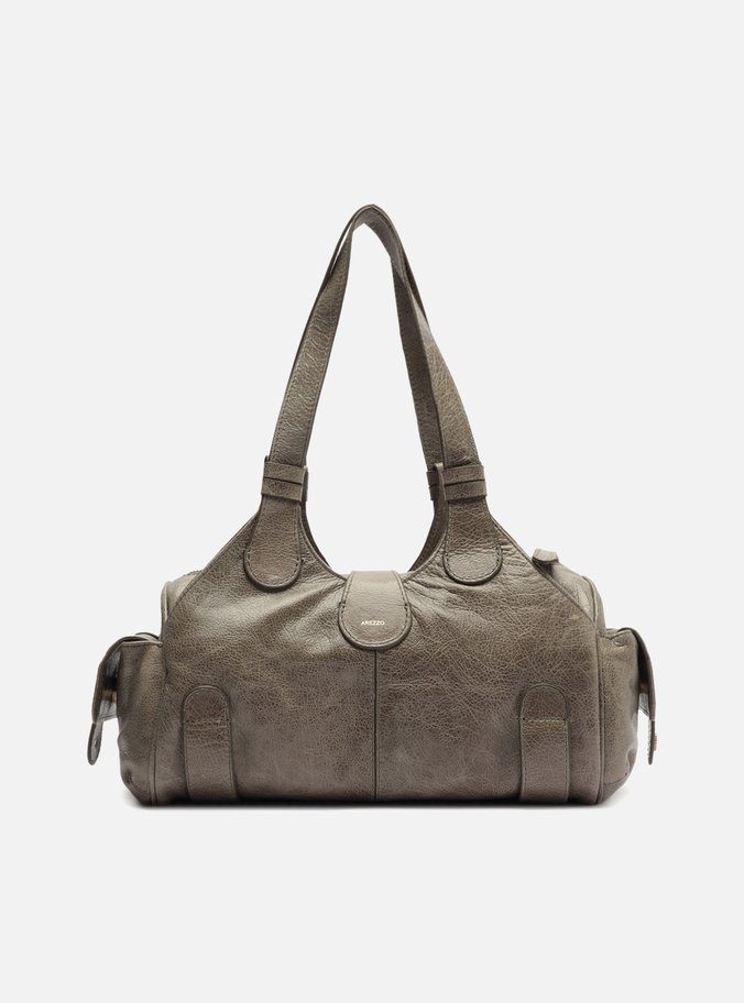 Bolsa Bowling Cinza Couro Grande Metais Folk