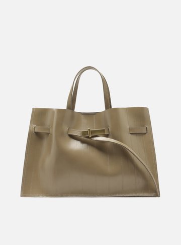 Arezzo — Bolsa Tote Cinza Couro Grande Tira Metal