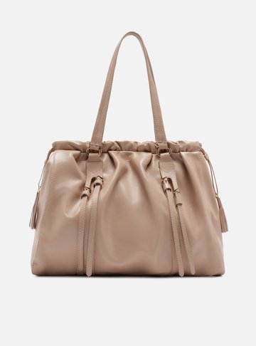 Bolsa Shopping Bege Couro Grande Fivelas