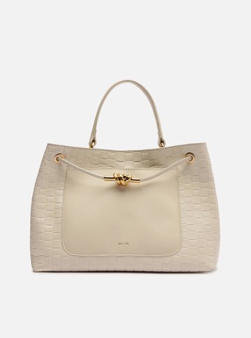 Bolsa Tote Branca Couro Tressê Grande Nó Metal