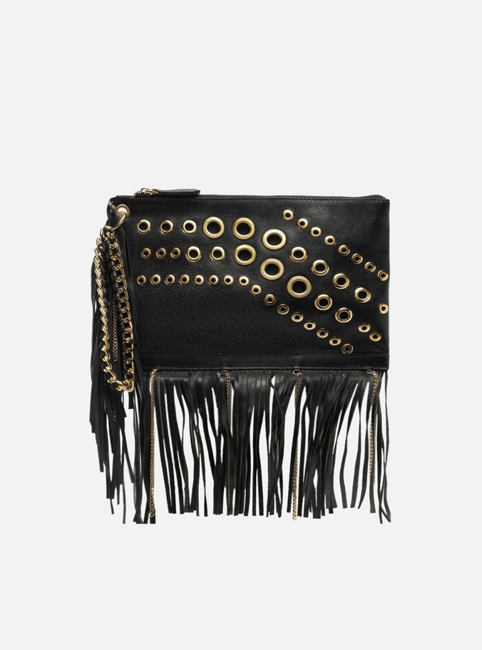 Clutch Preta Couro Média Franjas Ilhoses