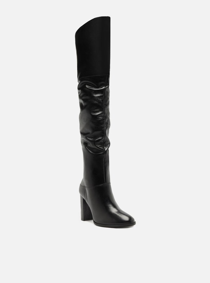 Bota Over The Knee Preta Couro Salto Alto